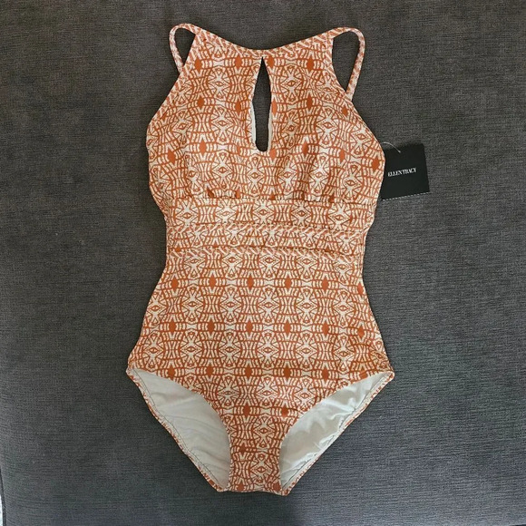 Ellen Tracy Orange Print key hole High Neck Over-The-Shoulder One Piece Swimsuit - Picture 2 of 15
